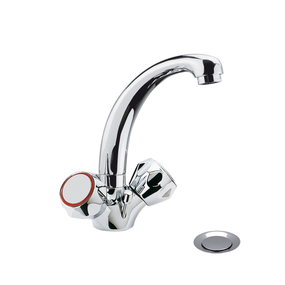 One-hole basin mixer with short spout and pop-up